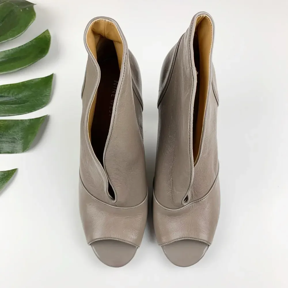 Nine West Apple Eye Booties Peep Toe Ankle Boots Grey Leather Heels Women's 9_2